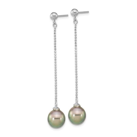 Silver Rhodium-PLT & Beaded 9-10mm Tahitian Saltwater Pearl Post Dangle Earrings